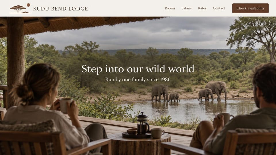 Hotel website design, family-run safari lodge: cream header, guests on a deck overlooking elephants at a watering hole, a centered white headline