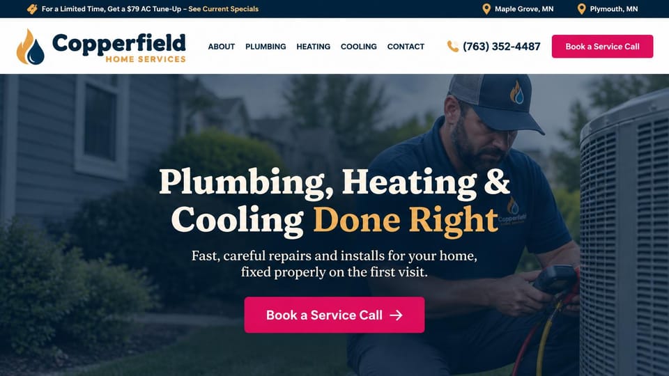 Contractor website design, home services with a centered serif: a technician at an AC unit under a dark overlay, a centered white serif headline and a pink button