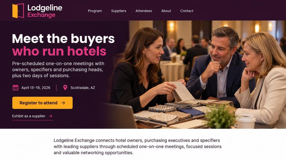 Event website design, hotel buyer meetings over fabric swatches: deep plum page, white and pink headline, yellow register button, a woman showing fabric swatches to two hotel buyers at a table