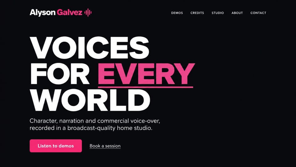 Actor website design, voice actor with giant type: black page, huge white capitals with a pink underlined word, a pink demo button and a booking link