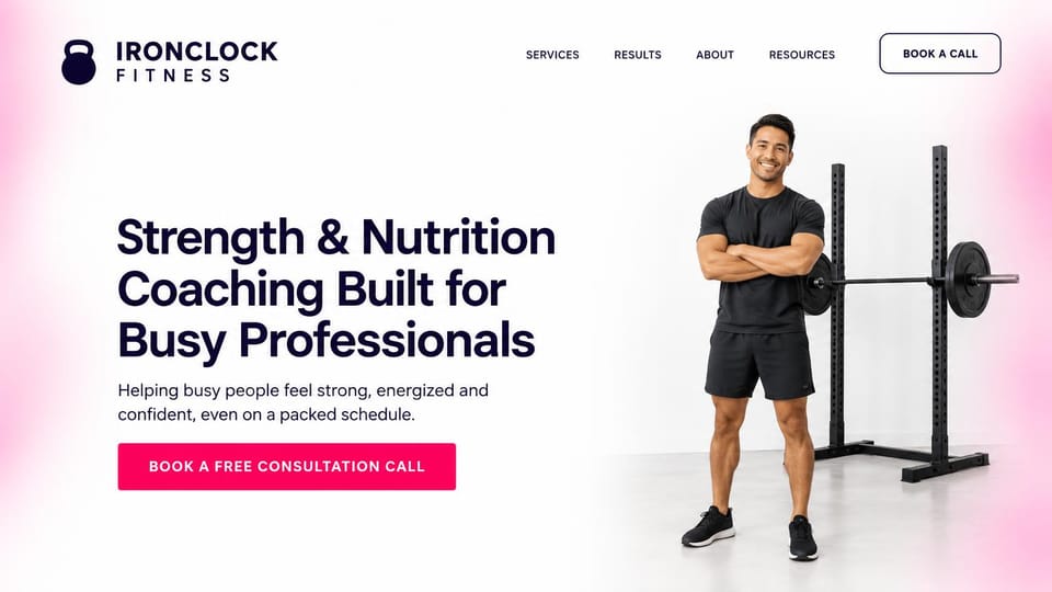 Personal trainer website design, strength and nutrition coaching in a bright white studio: white page with a soft pink glow at the edges, a dark headline, a pink consultation button, a smiling man with arms crossed beside a squat rack