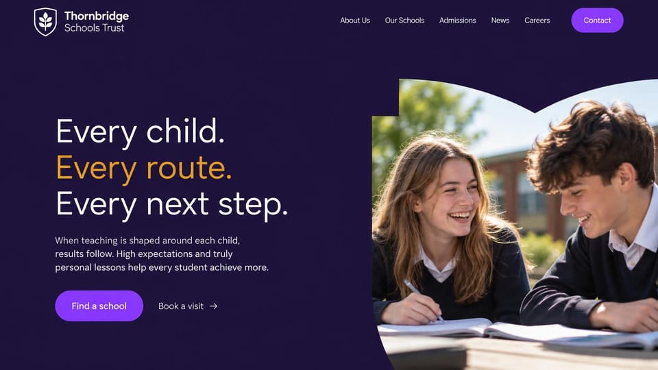 School website design, school trust in deep purple: deep purple page, a white and gold headline, a curved photo of two teenagers studying, a bright purple button