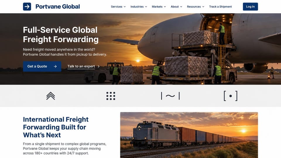 Logistics website design, global forwarding with a short, wide hero: white header, a short wide sunset photo of pallets being loaded into a freighter plane, white headline, blue button, a gray strip of marks and a freight train photo below