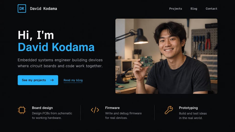 Engineering portfolio website design, embedded engineer with services and a blog: black page, a white and bright blue headline, a blue button, amber line icons and a smiling engineer holding a circuit board