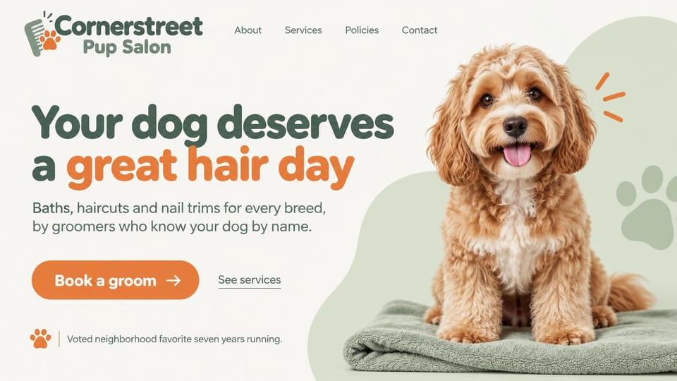Pet business website design, grooming salon with a freshly groomed pup: off-white page, a large green and orange headline beside a curly-haired puppy on a green towel, an orange book button