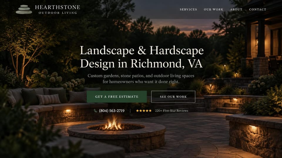 Contractor website design, landscape design with a fire pit at night: a stone patio and fire pit at dusk, a centered white serif headline and green and outlined buttons