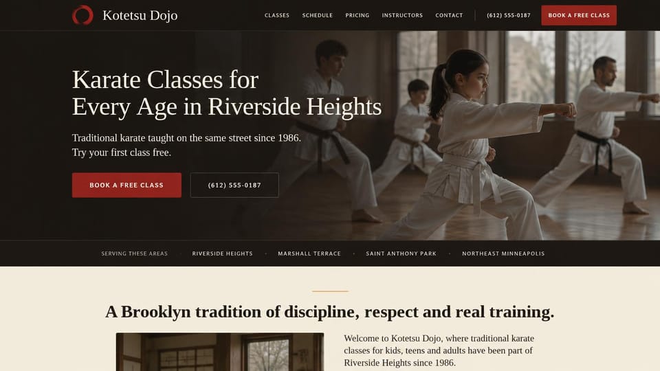 Martial arts website design, traditional karate with the neighborhoods it serves: dark charcoal hero with a cream serif headline over a photo of kids and adults in white gis, red buttons, a strip of neighborhoods and a cream section below