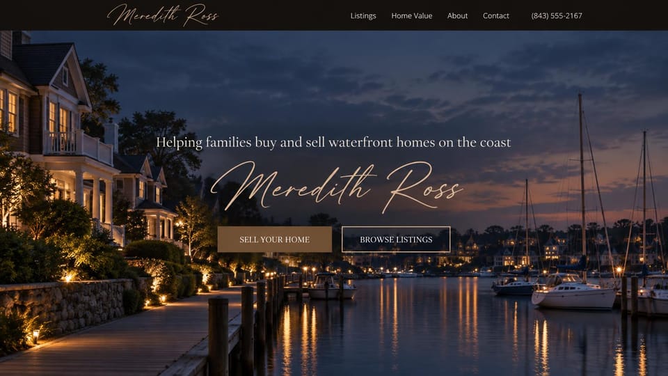 Real estate website design, waterfront agent with a signature logo: a marina and lit waterfront homes at night, a large white script name and two outlined buttons