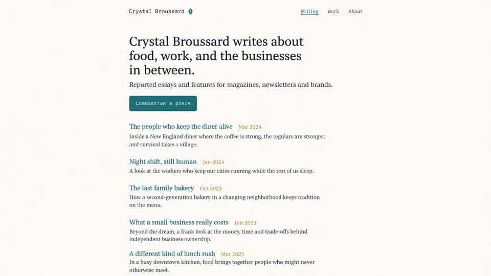 Writer website design, essayist with a text-only list of stories: ivory page, a narrow centered column, a dark serif headline, a teal button and a list of story titles in teal with dates in gold