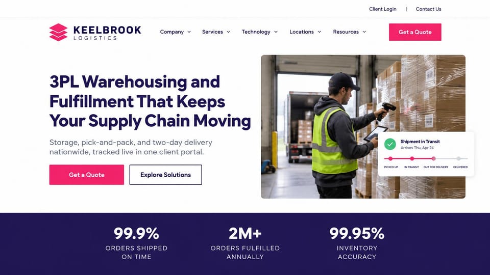 Logistics website design, 3PL fulfillment with a shipment tracker card: white page, navy headline, pink quote button, a worker in a safety vest scanning boxes beside a shipment tracking card, a deep indigo stats band