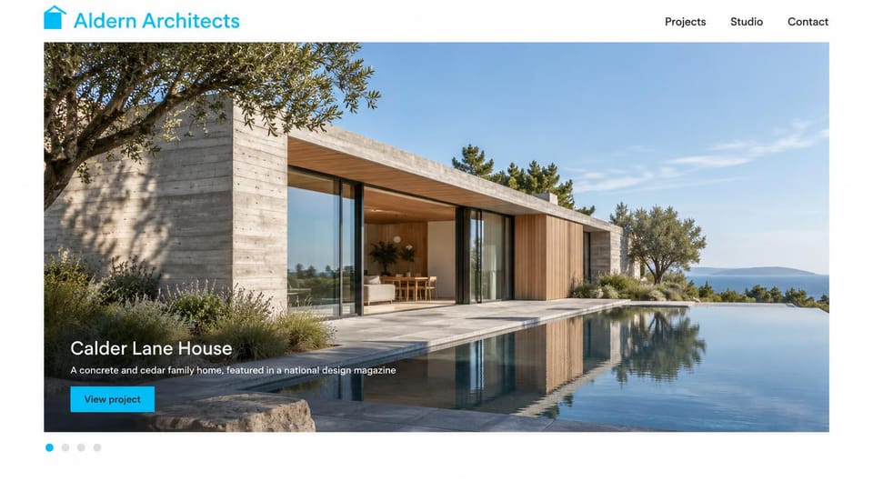 Architecture website design, residential architect with a framed house slider: white page, small cyan wordmark, a framed photo of a concrete and cedar house beside an infinity pool, white caption, cyan button, slider dots