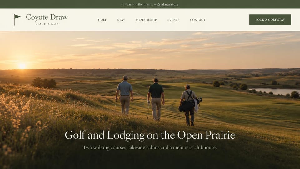 Sports team website design, destination golf club with places to stay: green notice bar and cream menu with a dark green button over a sunset photo of three golfers crossing rolling prairie, a centered white serif headline