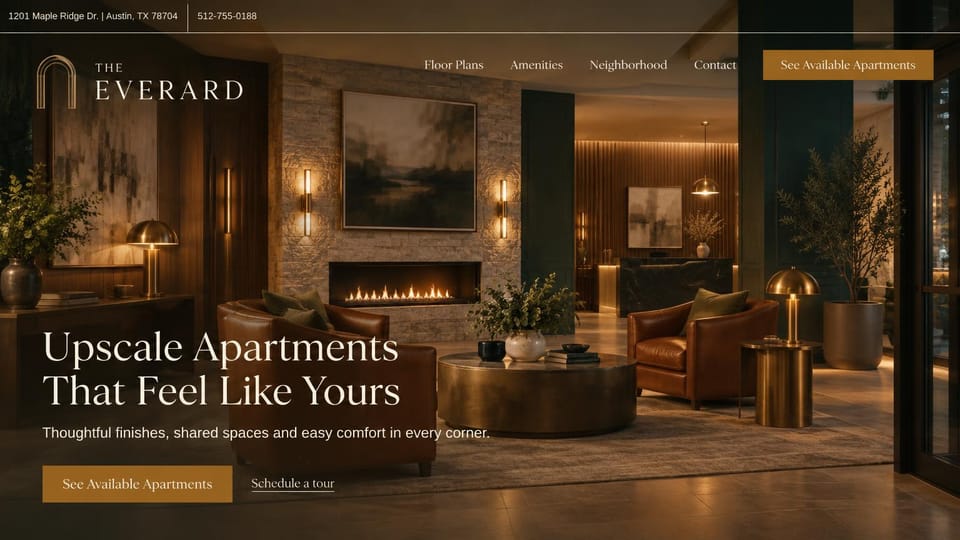 Apartment website design, upscale community with a lounge by the fire: dark lobby lounge with a fireplace, leather chairs and brass lamps, cream serif headline at the bottom left, gold buttons, an address bar on top