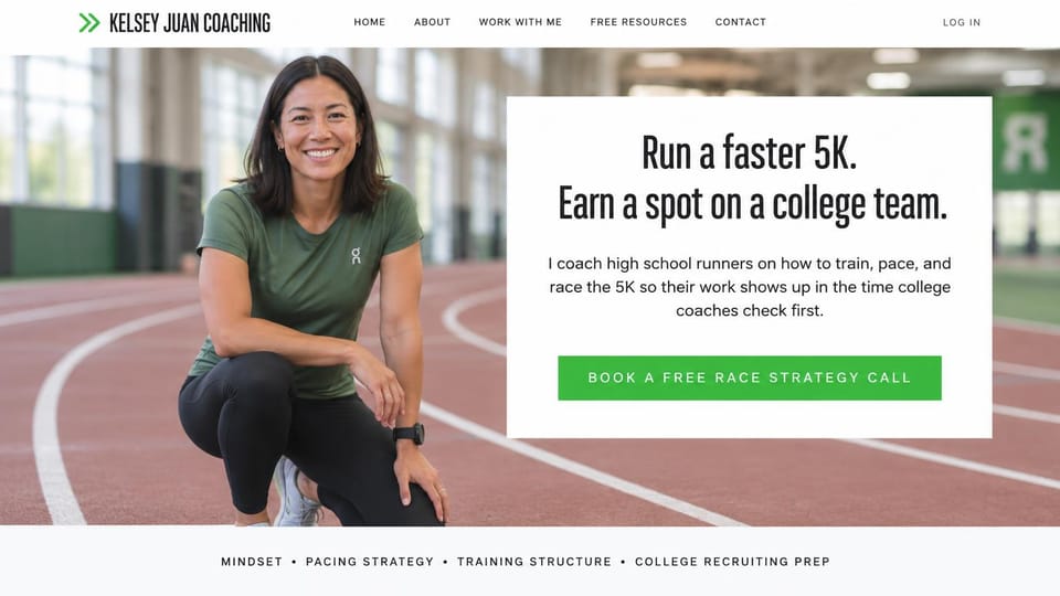 Fitness website design, running coach with a free strategy call: white card with a condensed headline beside a coach kneeling on a red running track