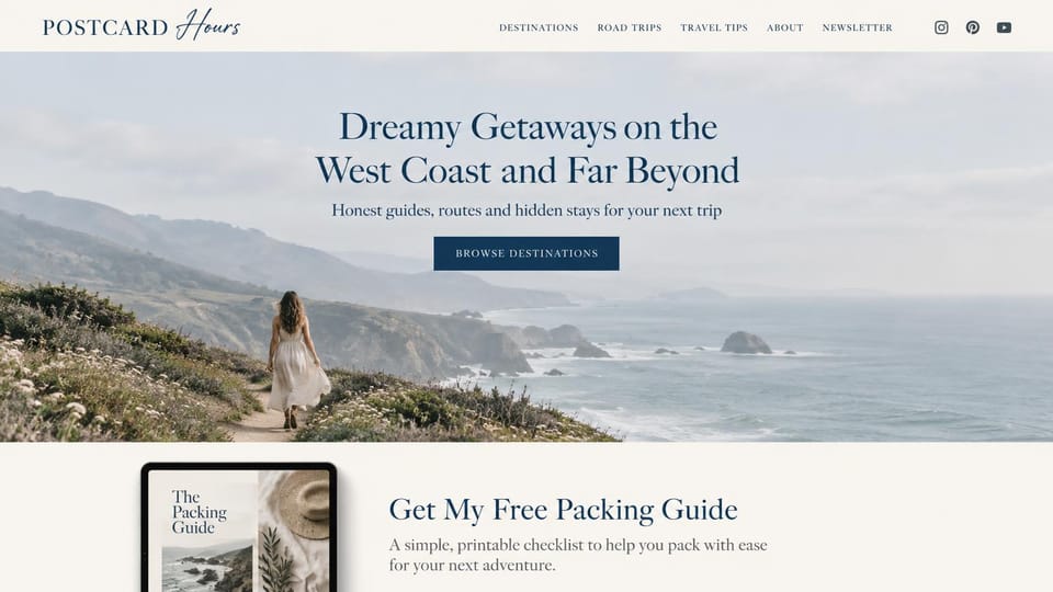 Blog website design, travel blog with a free packing guide: a woman walking a coastal cliff path, a navy serif headline and a packing guide offer below