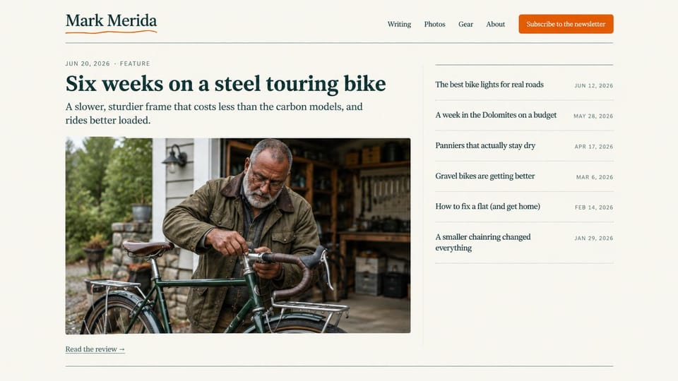 Blog website design, cycling blog with a feature and a list: ivory page, a dark green serif headline, a man fixing a touring bike and a dated post list