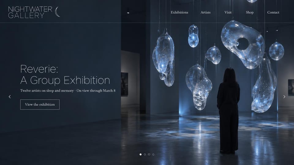Art gallery website design, group exhibition in a dark, quiet room: deep navy page, a thin capital wordmark with a crescent moon, glowing glass forms hanging in a dark gallery with a visitor, light exhibition text on the left