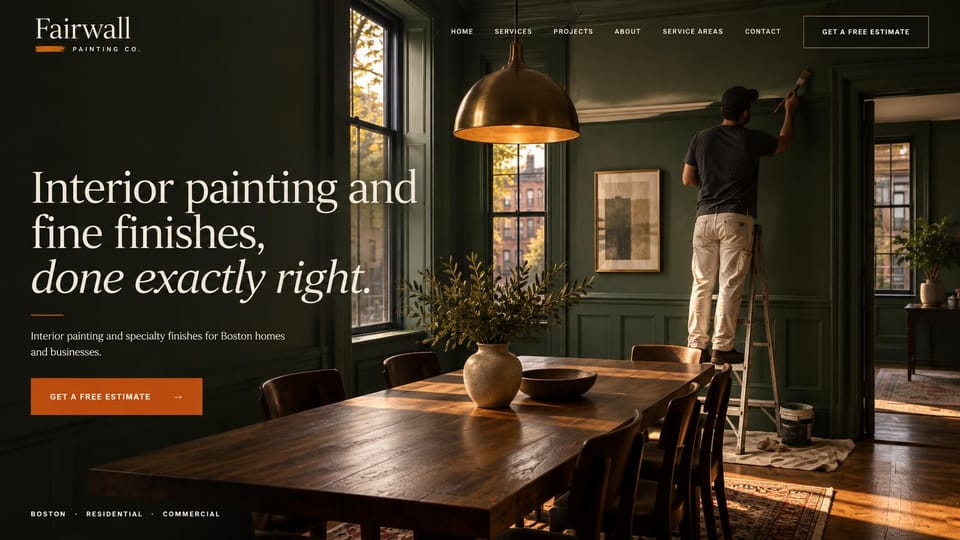 Painting website design, interior painting and fine finishes in deep green: dark green dining room with a brass pendant and a painter on a ladder, a cream serif headline with an italic line, a burnt orange estimate button