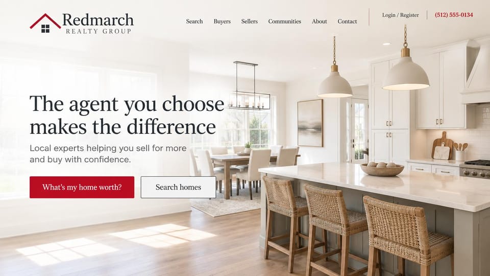 Real estate website design, local agency in a bright kitchen: a bright white kitchen, a black serif headline, a red button and an outlined search button