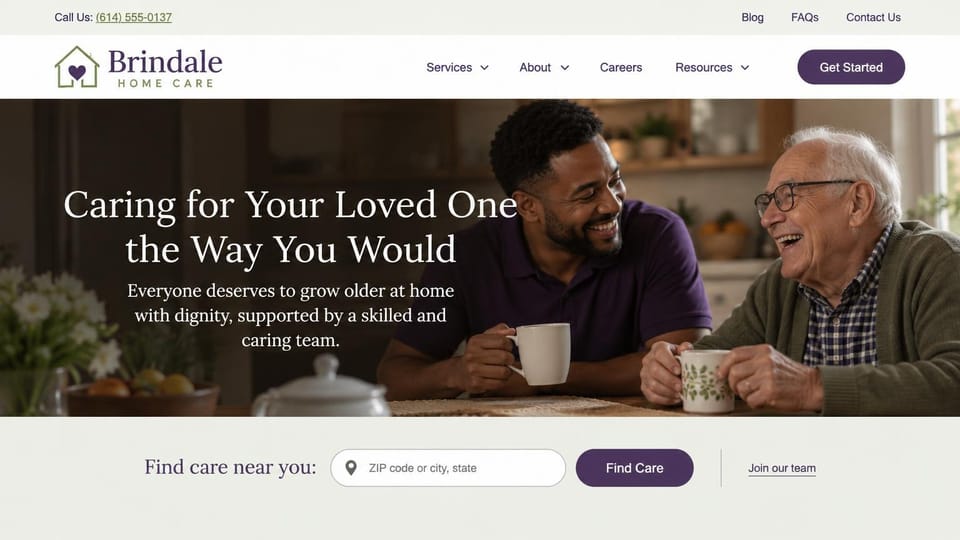 Home care website design, senior home care with a find-care search: warm kitchen photo of a caregiver and a laughing older man with mugs, a centered white serif headline, a plum button and a ZIP code search bar below