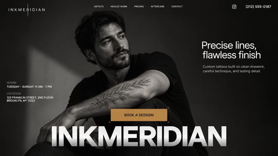 Tattoo website design, fine-line studio with a giant wordmark: black and white photo of a tattooed man, a huge white wordmark along the bottom, a short white headline on the right, a gold button, hours in small type