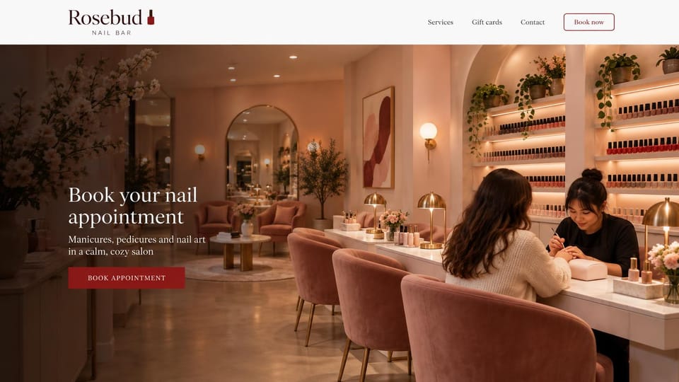 Business website design, cozy nail bar with a pink interior: pink nail bar interior with velvet chairs and a wall of polish, a white serif headline on the left, a red button