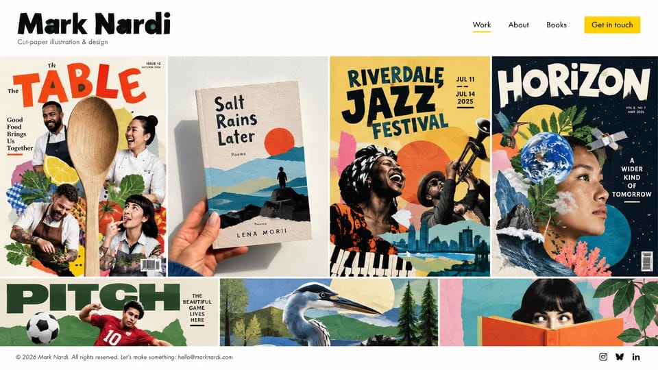 Portfolio website design, editorial illustration as a cover wall: white page, a bold black name and yellow button above a packed grid of colorful collage covers and posters