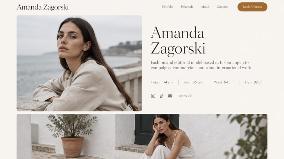 Model portfolio website design, fashion and editorial model with coastal photos and stats: warm ivory page, a large charcoal serif name, a gold booking button, a dark-haired woman in linen by the sea and a wide photo of her on whitewashed steps