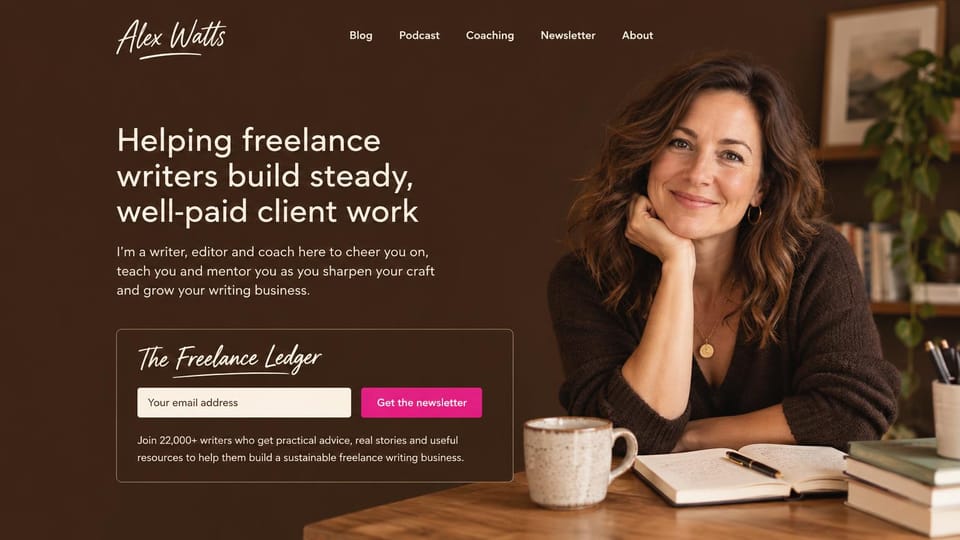 Coaching website design, writing coach with a newsletter signup: warm brown page, a white sans headline, a script-titled newsletter box and a coach at a desk with a mug