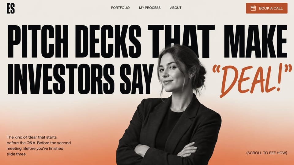 One page website design, freelancer with a giant headline and scroll cue: peach page, huge black condensed headline with an orange script word, black and white portrait of a woman, book a call button