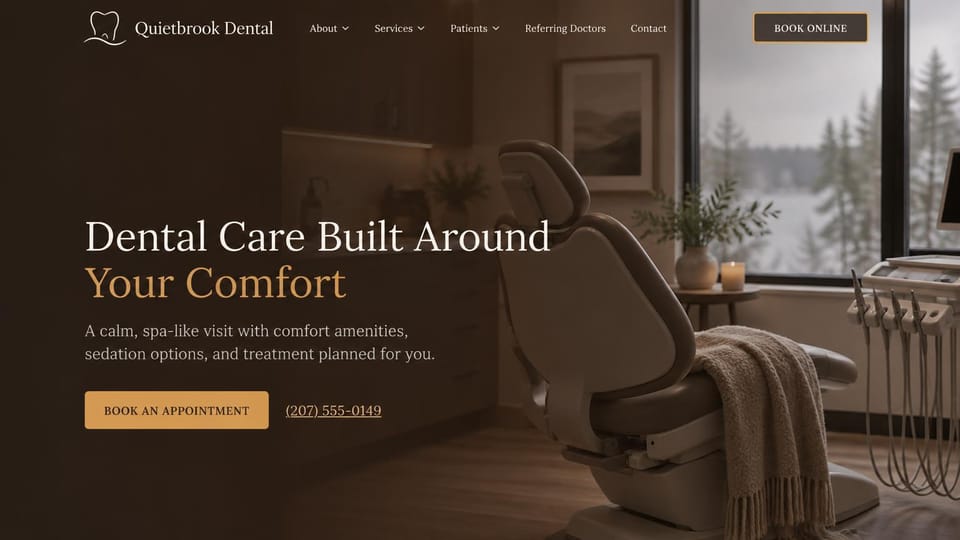 Dental website design, comfort-first dentistry, dark and calm: deep brown, an empty dental chair by a window with a blanket, cream and gold serif headline