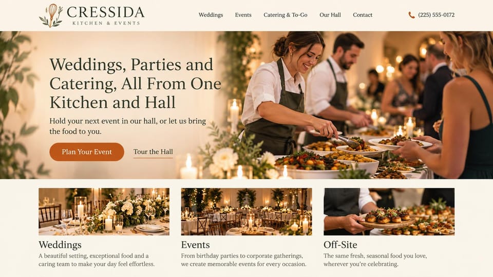 Catering website design, kitchen and event hall with off-site catering: cream page, a dark serif headline and a rust plan your event button over a buffet service photo, and three cards for weddings, events and off-site
