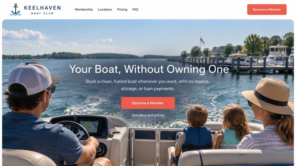 One page website design, boat club with a family on the water: photo of a family on a boat in a marina, white centered headline, coral membership button