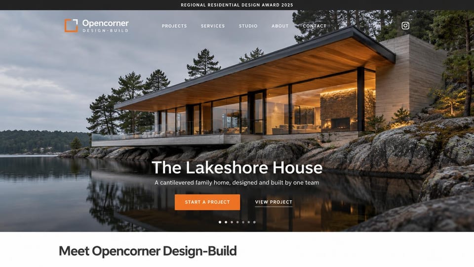 Architecture website design, design-build homes with a centered project title: a glass, timber and stone house cantilevered over a rocky lake at dusk, white nav, a large centered white project title, an orange button, slider dots