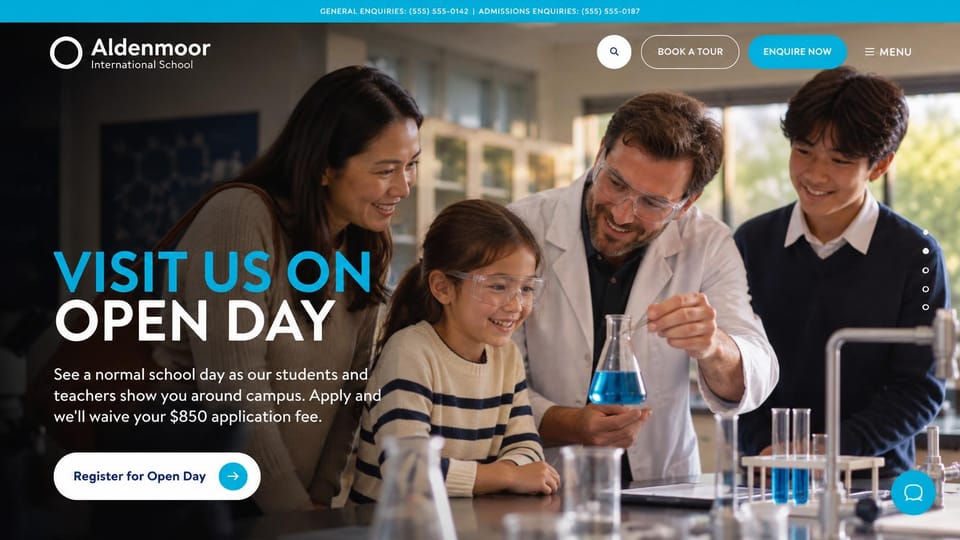 School website design, international school with an open day invitation: cyan top bar, a family and a teacher in a science lab, a large cyan and white uppercase headline, a white button