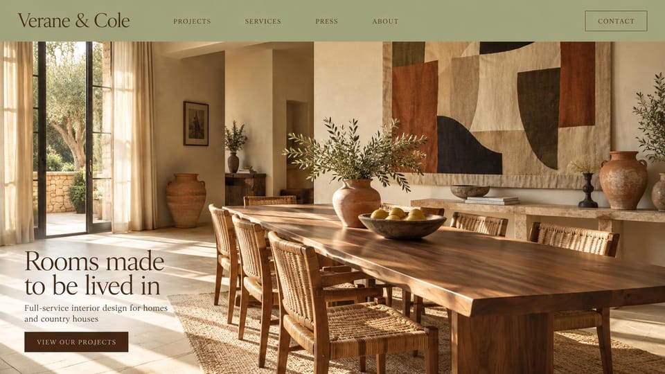 Interior design website design, sunlit homes under a sage green header: sage green header, dark brown serif headline over a sunlit dining room with a large abstract wall hanging