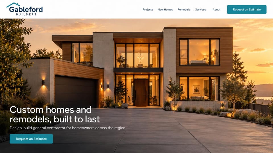 Construction website design, design-build contractor with a modern home at golden hour: white header, a modern wood and concrete home lit at sunset, a white headline at lower left and a teal button