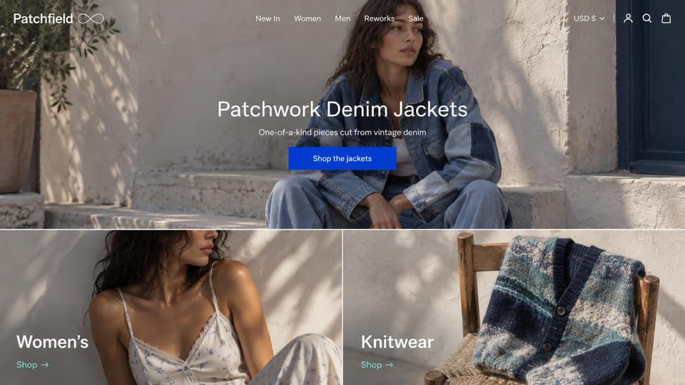 Fashion website design, reworked vintage denim with category tiles: sunlit whitewashed courtyard, a woman in a patchwork denim jacket on stone steps, a white headline and a blue button, two category tiles below