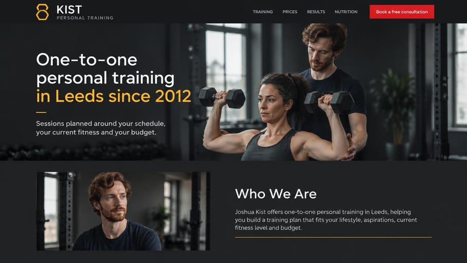 Personal trainer website design, established local trainer in charcoal and gold: charcoal page, a white and gold headline, a red consultation button in the menu, a trainer guiding a woman's dumbbell shoulder press, an intro section with his portrait