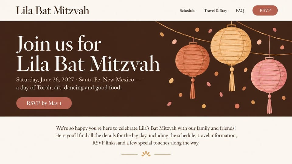One page website design, bat mitzvah with paper lanterns: cream header, dark brown band with a serif title and terracotta RSVP button, illustrated hanging paper lanterns