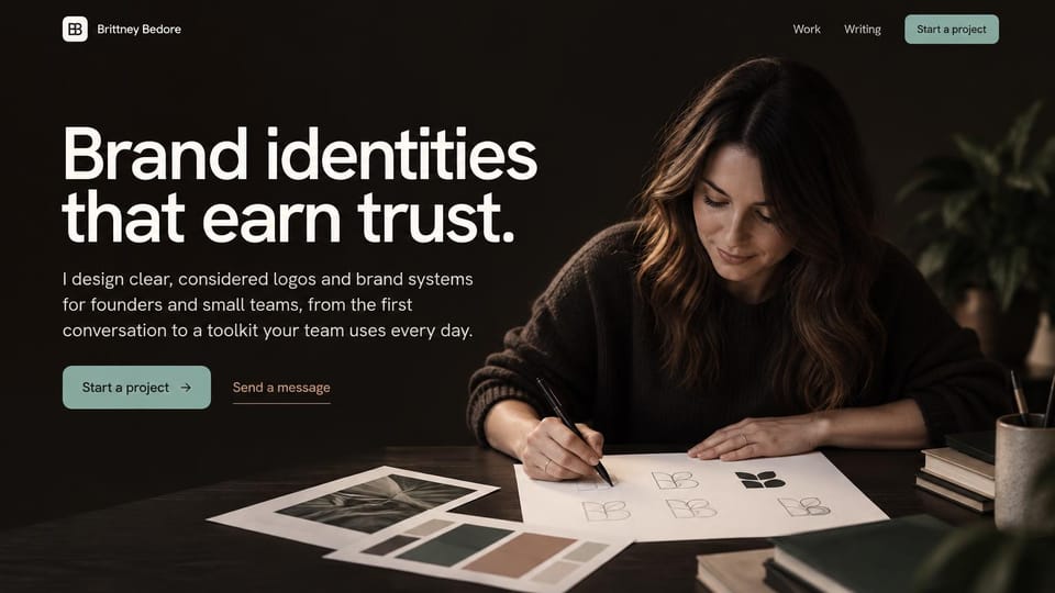 Resume website design, freelance brand designer sketching logos at night: dark brown full-width photo of a woman sketching logo marks at a desk with color swatches, a large white headline and a sage start a project button