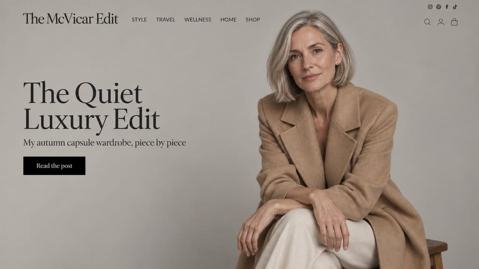 Blog website design, style and lifestyle blog, quiet luxury: warm taupe backdrop, a woman in a camel coat, a large black serif headline and a black button