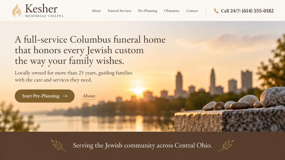Funeral home website design, jewish funeral home with community roots: warm sunset photo of small stones on a stone wall with a city skyline, a large serif headline, a brown button and a dark brown band with one line of text