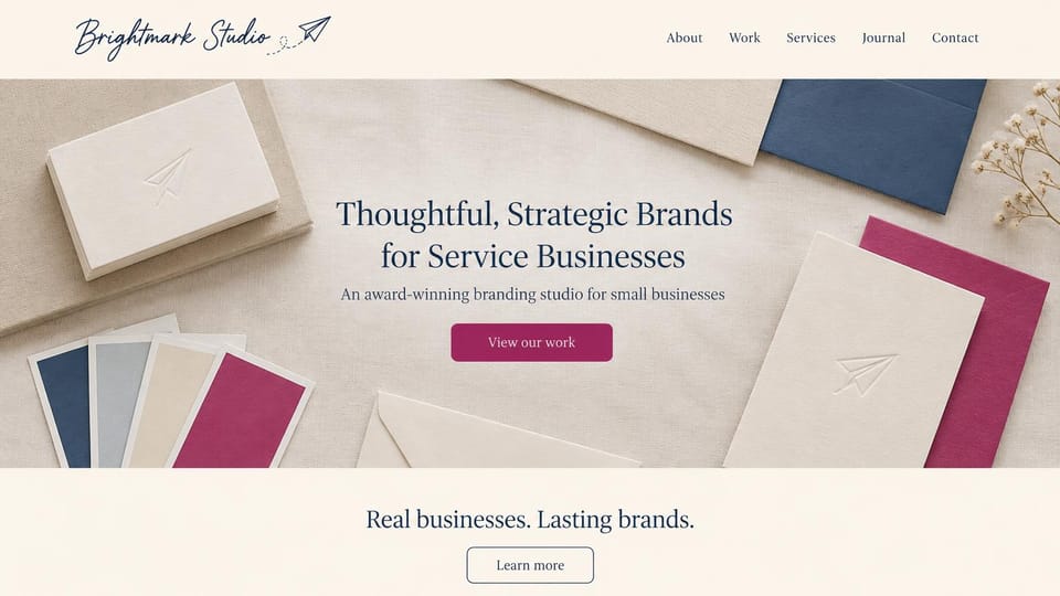 Agency website design, branding studio for service businesses: cream page, a script logo, a navy serif headline over envelopes and cards and a magenta button
