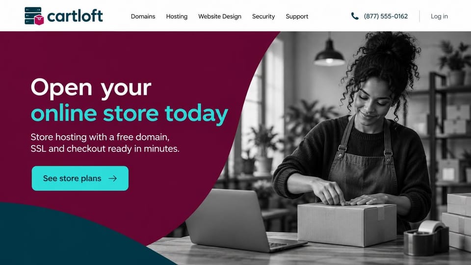 Web hosting website design, online store hosting with a packing photo: deep burgundy curved panel with a navy corner, white and turquoise headline, a turquoise plans button, and a black and white photo of a smiling woman taping a box beside a laptop