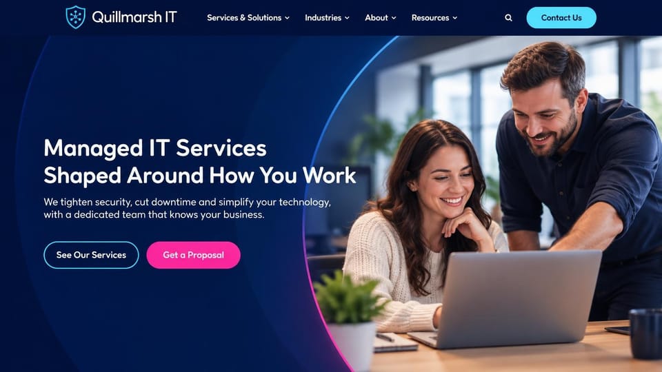IT company website design, managed IT with a glowing curve over the photo: deep navy page, a glowing blue and pink curve, white headline, outlined services button and pink proposal button, a woman and a man smiling at a laptop