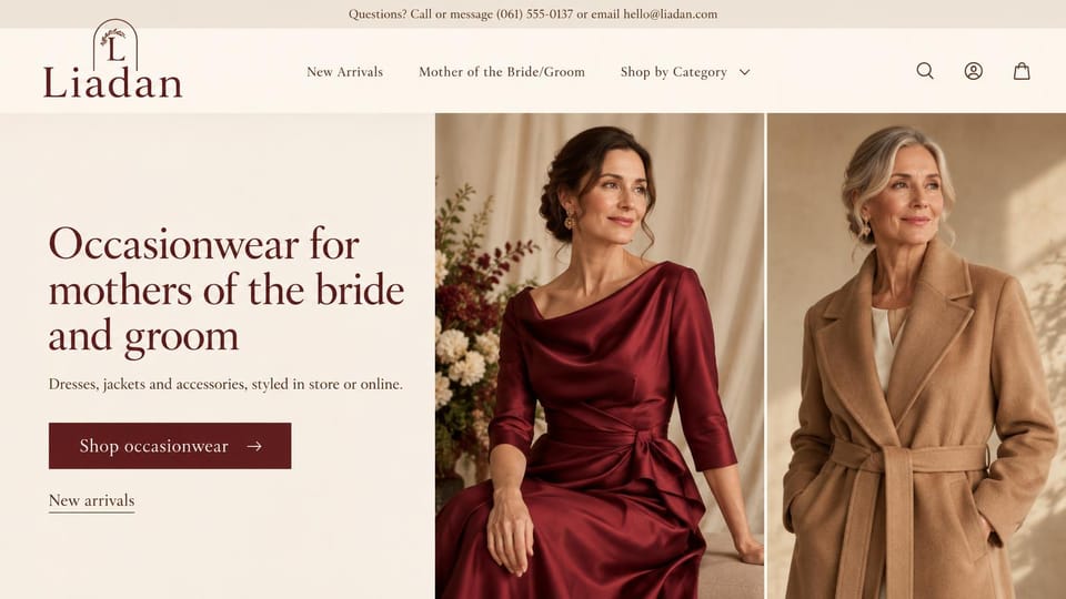 Fashion website design, mother-of-the-bride occasionwear in two portraits: cream page with an arched monogram logo, a burgundy serif headline and button, two portraits of older women in a burgundy satin dress and a camel wrap coat