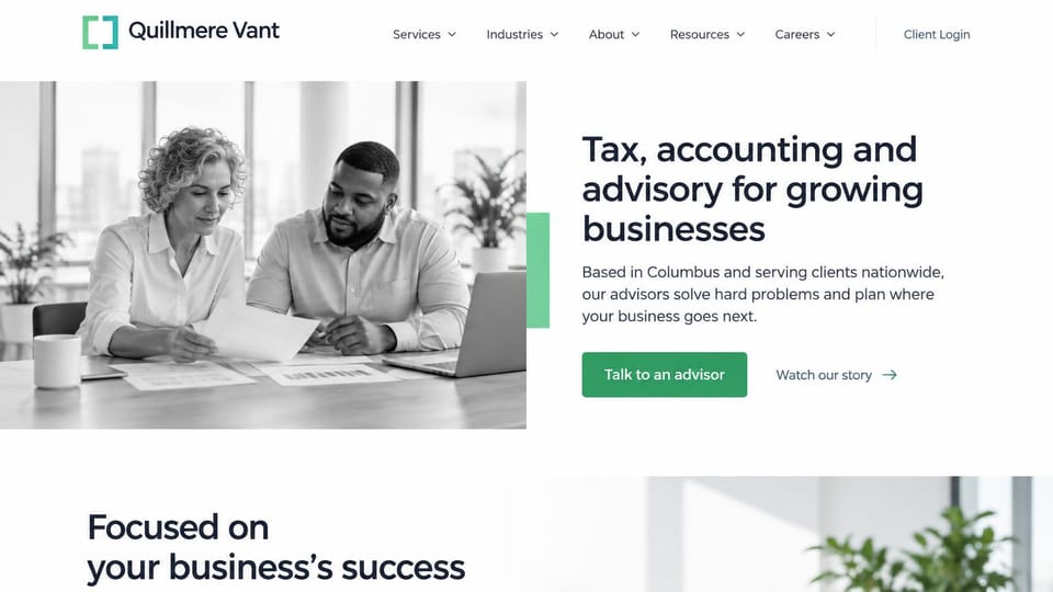 Accounting website design, tax and advisory beside a black and white photo: white page, a grayscale photo of two advisors reviewing papers, a navy headline and a green talk to an advisor button