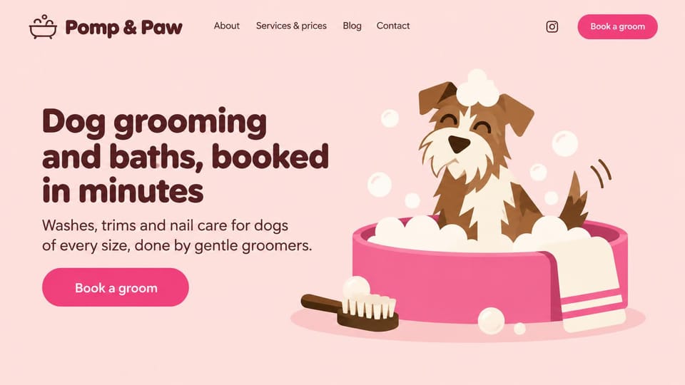 Pet business website design, dog grooming with a playful illustration: pale pink page, a dark brown headline and pink buttons beside an illustration of a dog in a pink tub of bubbles