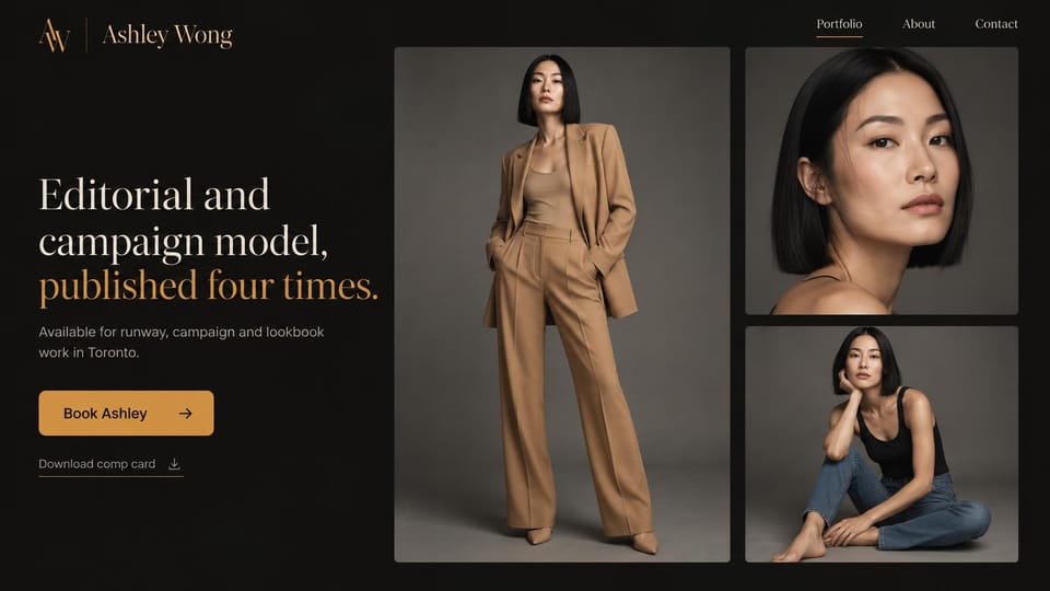 Model portfolio website design, editorial and campaign model, dark with gold: near-black page, a gold monogram, a cream serif headline ending in gold, a gold button and three studio portraits of a woman with a black bob in a camel suit and jeans